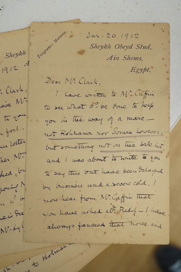 Archive of the Courthouse Farm Stud, Offham near Lewes and the Clark family, 1900-2014, including an important series of letters from Lady Anne Blunt at the Sheyk Obeyd Stud, Ain Shems, Egypt, 1912-1917, and her daughter